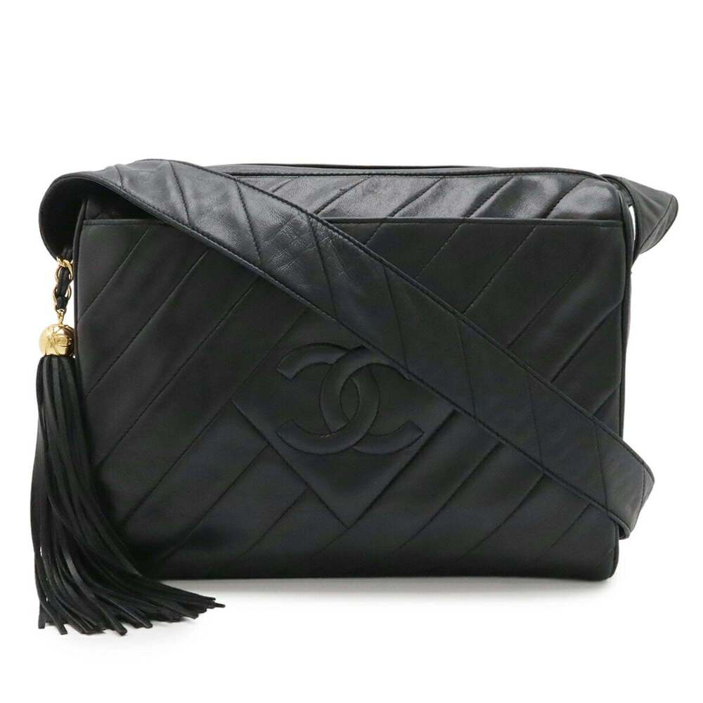 CHANEL Black Lambskin Leather Logo Shoulder Bag - Picture 1 of 10